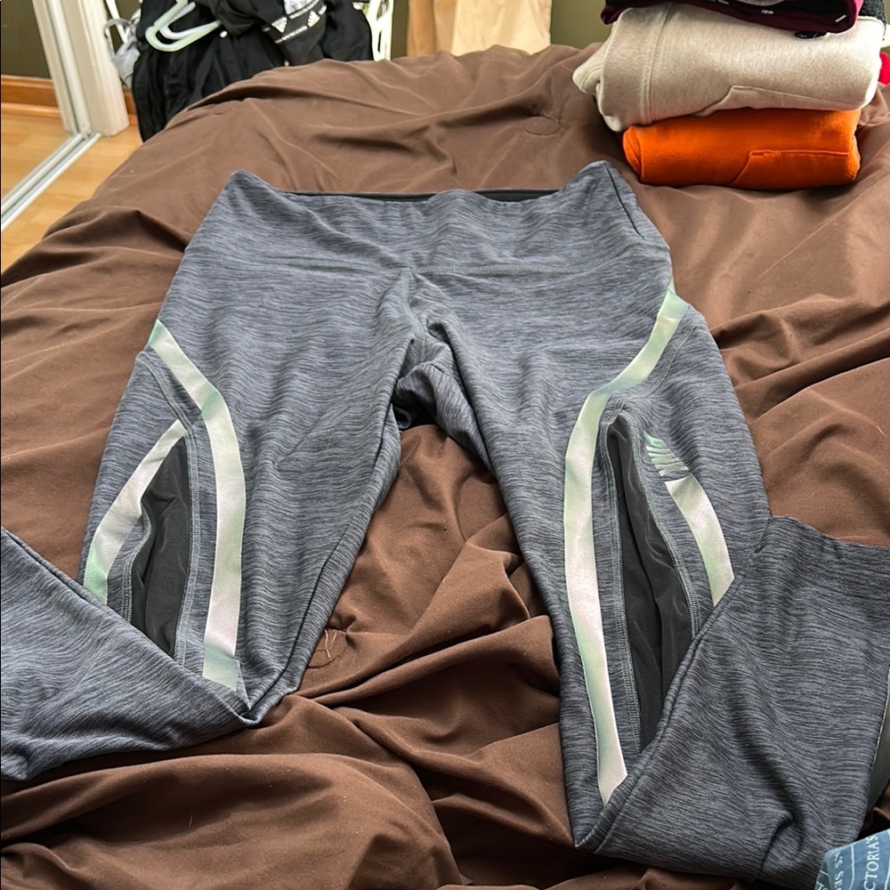 PINK logo size large Women Gray Athletic Leggings with Mesh Panels